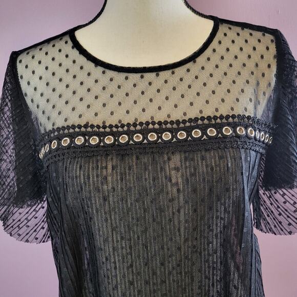 Forever 21 *Flawed* Pleated Sheer Mesh Polka Dot Crochet Lace Grommet Crop Top - Picture 4 of 16